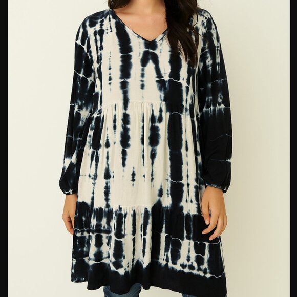 Elegant Navy Tie-Dye V-Neck Mini Dress Tunic - Picture 1 of 8